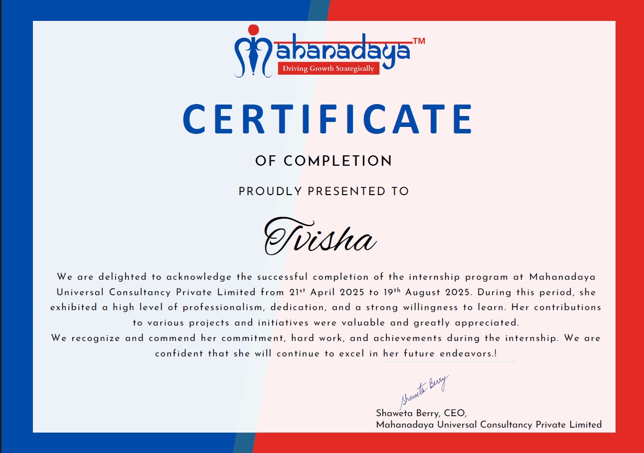 certificate Tvisha Mahanadaya Intern 2025